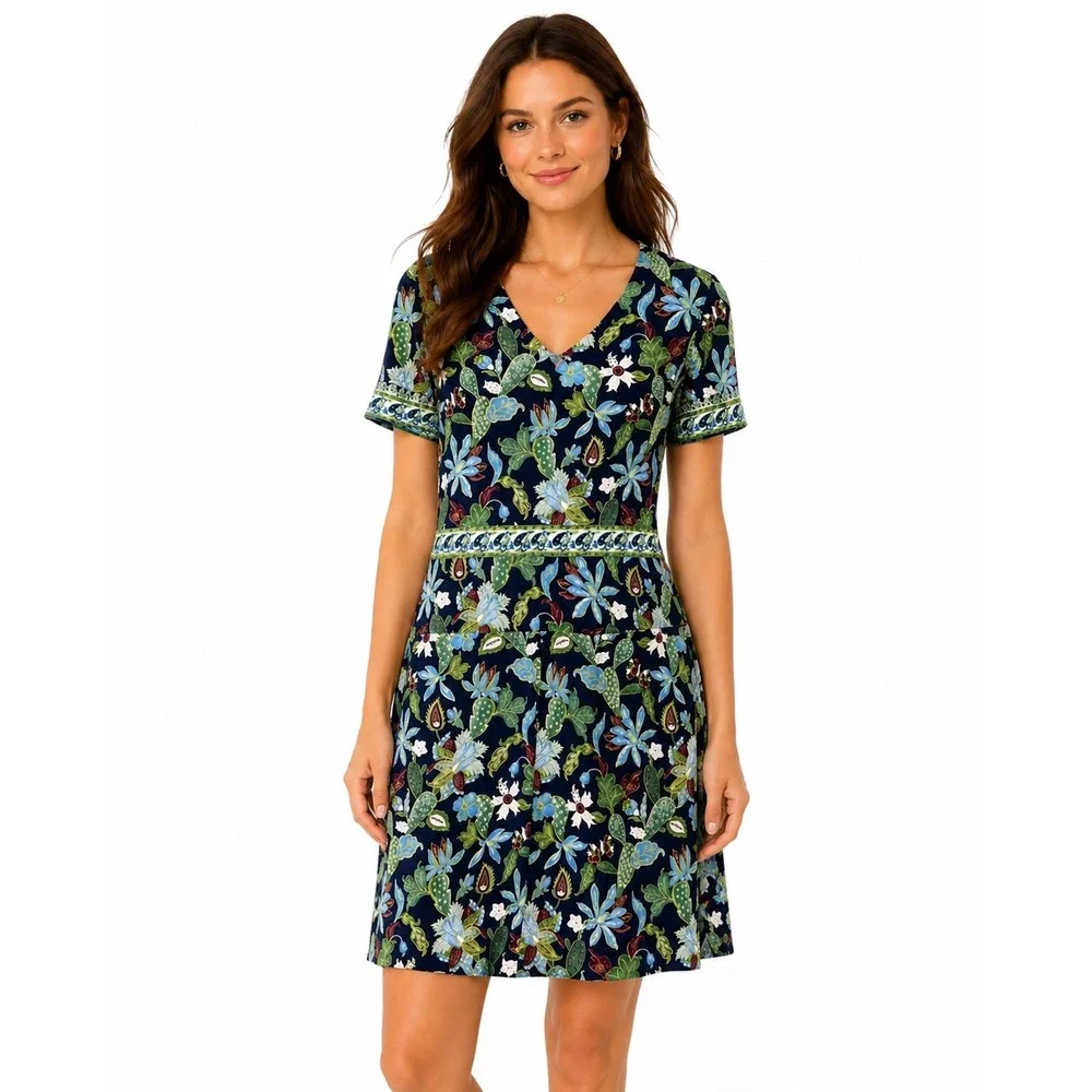 Tory Burch Navy Floral 95% Silk 5% Spandex V-Neck Shift Dress Size 4 52151443